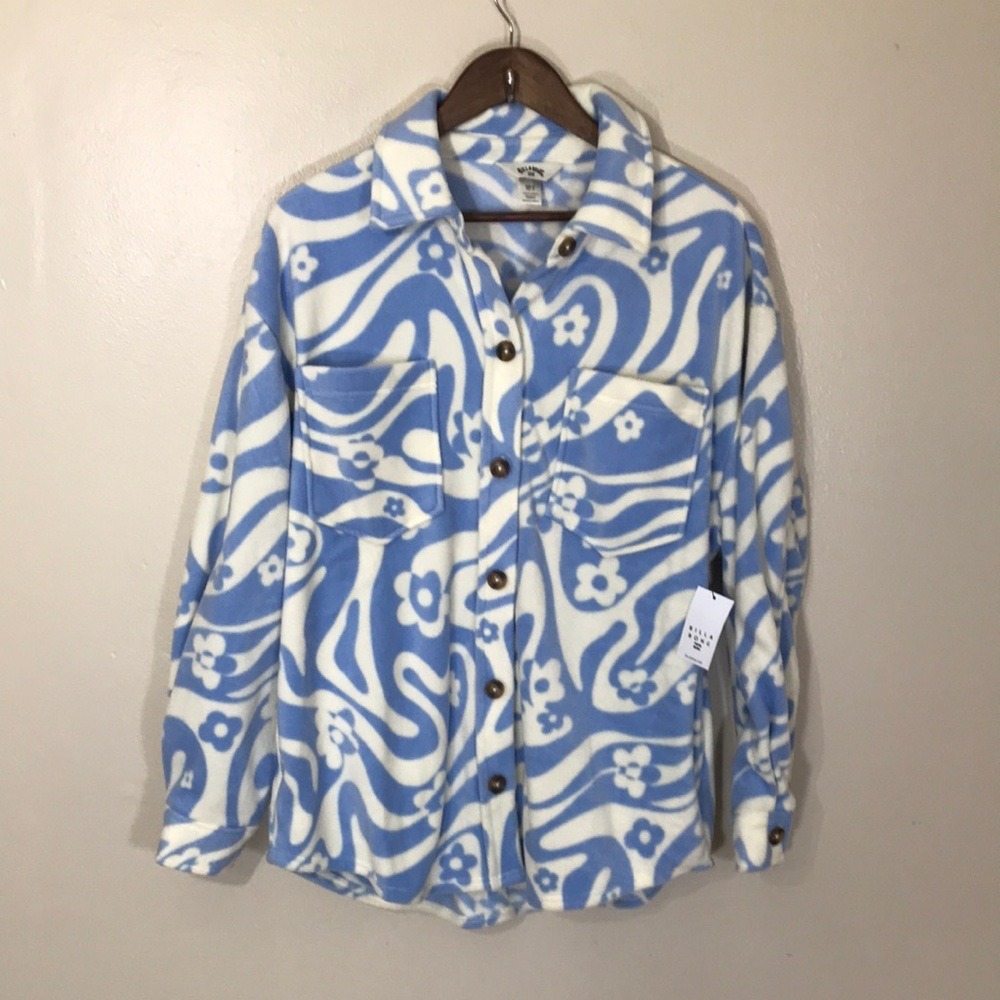 Billabong Women's M Laid Back Shacket Blue White Floral Wavy Fleece NEW
